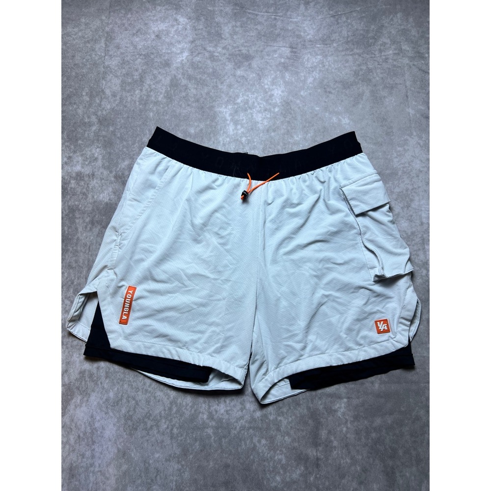 YoungLA 2-in-1 Gym Shorts Mens M Off-White Black Compression Liner Cargo Pocket